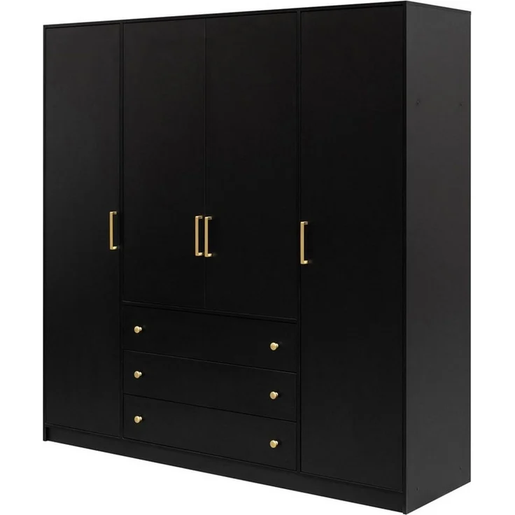 Beautysofa Drehtürenschrank RILO mit 4 Türen und goldfarbene Griffe (Kleiderstange, 8 Regalböden, 3 Schubladen, Farbe: Weiß oder Schwarz) Breite: 196 cm – Bild 1