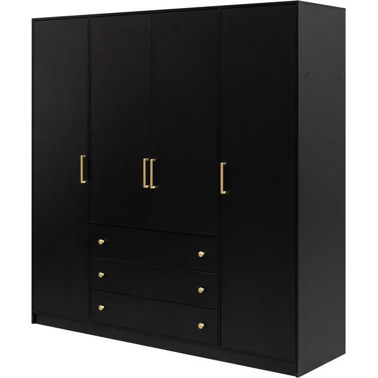 Beautysofa Drehtürenschrank RILO mit 4 Türen und goldfarbene Griffe (Kleiderstange, 8 Regalböden, 3 Schubladen, Farbe: Weiß oder Schwarz) Breite: 196 cm