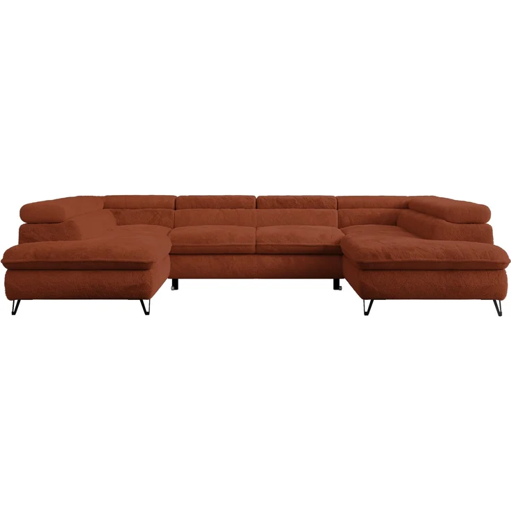 Ecksofa U-Form, mit Bettkasten, Bettfunktion und Einstellbare Kopfstützen, Sofa big XXL - PETER U - Orange Plüsch – Bild 6