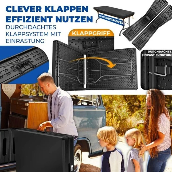 KESSER® Bierzeltgarnitur 3-teilig Set Tisch & 2x Bank | Buffettisch für drinnen & draußen Gartengarnitur klappbar 183x76x74cm Kunststoff Klapptisch Gartentisch inkl. Abdeckung & Tragegriffe Schwarz, Glatt – Bild 6