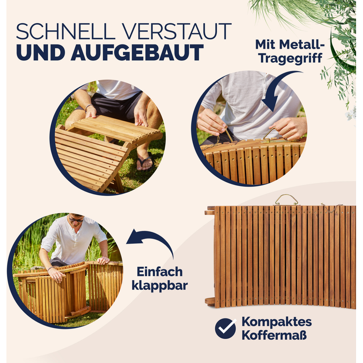 Casaria 'ERGO' Sonnenliege, 2 Stück, Akazienholz, faltbar mit Tragegriff & Kofferfunktion, braun, 17 x 90 x 60 cm – Bild 8