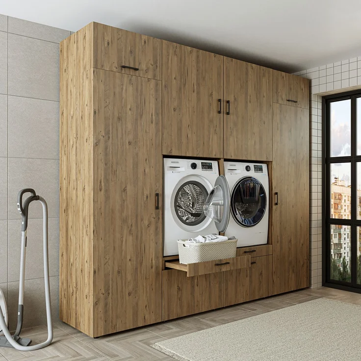 Roomart Waschmaschinenschrank SERIE 2 – 254 cm breit, Doppelschrank mit Seitenschränken, • Eiche – Bild 2