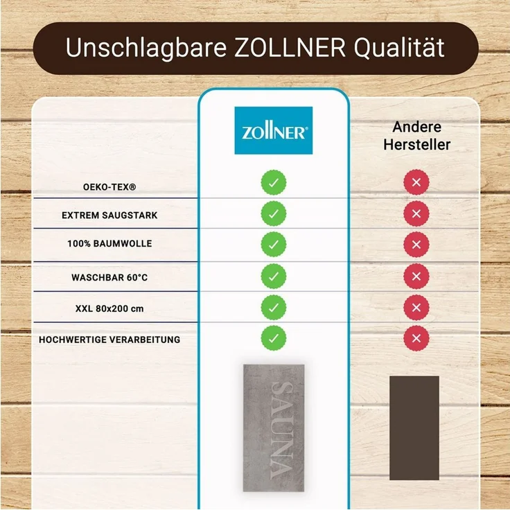 ZOLLNER Saunatuch 80x200 cm saugstark 100% Baumwolle grau – Bild 3