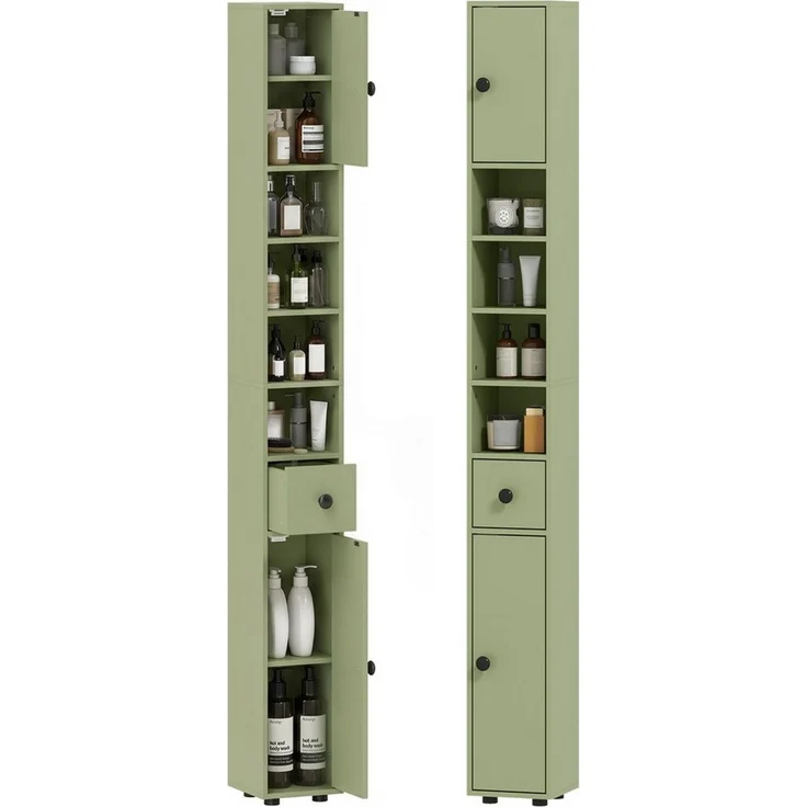 Kleankin Badkommode Hochschrank Toilettenschrank (schmaler Badezimmer-Aufbewahrungsschrank, 1 St, mit Schublade, verstellbaren Regalen), 20 x 20 x 180 cm, Grün – Bild 2