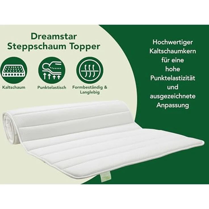 Dreamstar Topper, dünne Matratzenauflage zur Verbesserung des Schlafkomforts, 2 cm Kaltschaum, rutschfest, waschbar, für Matratzen und Boxspringbetten – Bild 4