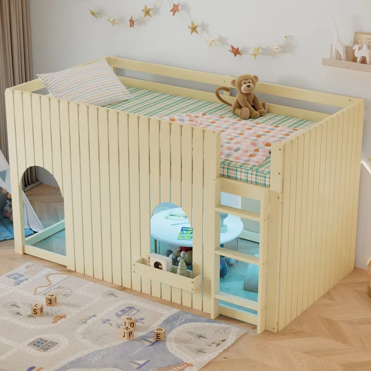 Hochbett mit RGB LED-Beleuchtung, Trittleiter, Rausfallschutz und Regal, 90x200 cm, Kinderbett, Kiefer