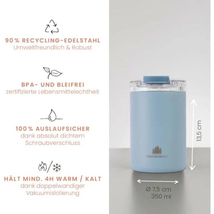 Groenenberg Thermobecher 350ml | Kaffeebecher to go 100% Auslaufsicher | Hält mind. 4 h warm | Coffee to go Becher aus recyceltem Edelstahl – Bild 2