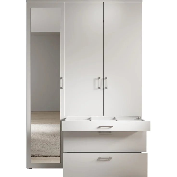 Kleiderschrank >Vesala< in Weiß mit Spiegel, Melamin - 135x195x56cm (BxHxT) – Bild 4