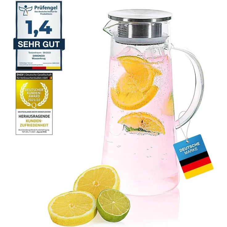Dimono Wasserkaraffe Dimono Wasserkaraffe 1,5L – Glas Wasserkrug mit Edelstahlfilter, (1,5 Liter, Glas-Krug), Getränkekaraffe für heißes & kaltes Wasser