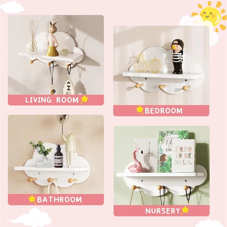 WOLTU Wolkenregal, Kinder Garderobenhaken, Wandregal mit Haken, Hängeregal, Schweberegal weiß, schwebendes Regal für Kinderzimmer, Wanddeko, 36 x 12 x 20,5 cm – Bild 4