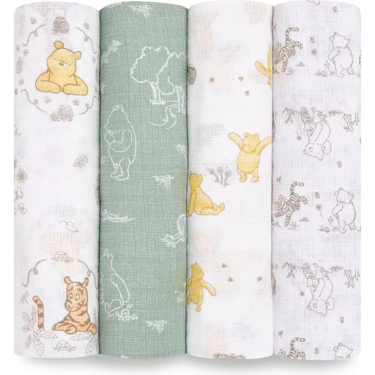 aden + anais™ essentials Pucktücheraus 100% Baumwoll-Musselin, Wickel- und Schmusedecke für Neugeborene und Kleinkinder, Baby-Wickeltuch für Mädchen und Jungen, 112x112 cm, 4er-Pack, Winnie + Friends