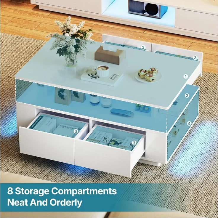 Dripex Couchtisch Couchtisch mit Stauraum Hochglanz Weiß 90x40x55 cm mit LED – Bild 3