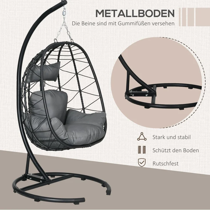 Hängesessel aus PE-Rattan mit Stahlgestell, klappbarer Korb, 102x102x195 cm, Schwarz – Bild 5