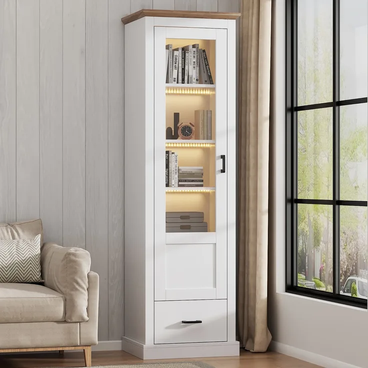 ZUBALIYA Schrank mit LED-Beleuchtung mit USB-Ladeanschluss mit Schubladen modernes Design in Weiß, ideale Lösung für kleine Räume, robuste Verarbeitung, langlebige Materialien, einfache Selbstmontage