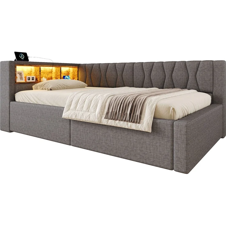 Daybett, Tagesbett, Schlafsofa,90x200cm, Ohne Matratze, Hydraulische Lagerung, mit dimmbarer LED-Leiste, mit praktischem Regal, mit USB-Anschluss, Grau – Bild 6