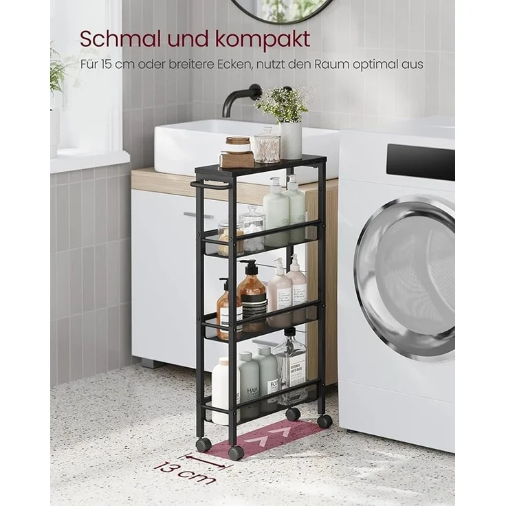 VASAGLE Rollwagen 4 Ebenen, Küchenwagen schmal, Nischenregal, Küchenregal auf Rollen, Stahlgestell, Griff, für kleine Räume, Küche, Bad, Wohnzimmer, Arbeitszimmer – Bild 4