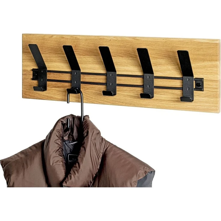 Haku Wandgarderobe aus massivem, geöltem Eichenholz mit 5 Haken aus schwarz pulverbeschichtetem Metall, modernes Design für den Flur, 60x10x20 cm – Bild 6