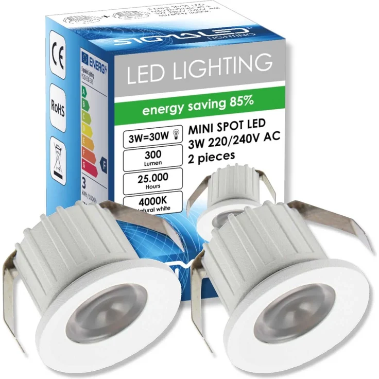 Sigmaled lighting, Mini-LED-Einbaustrahler 3W, dimmbar, Neutralweiß 4000K, 300 Lumen, Runde Einbauspot, 220/240V AC, 2er-Pack (1 Box mit 2 Stuck)