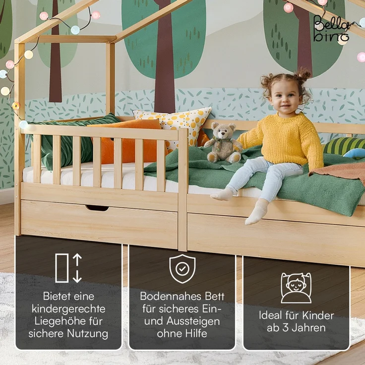 Bellabino 'Bia' Hausbett 90x200 cm mit 2 Schubladen, natur, Kiefer Massivholz, Montessori Kinderbett mit Stauraum, inkl. Rausfallschutz und Lattenrost – Bild 4
