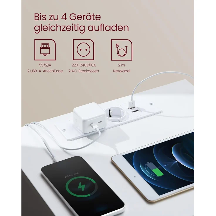 VASAGLE Nachttisch mit Steckdosenleiste, 2er Set, Beistelltisch, 3 Schubladen, 2 AC-Steckdosen, 2 USB-A-Anschlüsse, Wohnzimmer, Schlafzimmer, Arbeitszimmer, modern, wolkenweiß-mandelgelb LET831Y01 – Bild 5