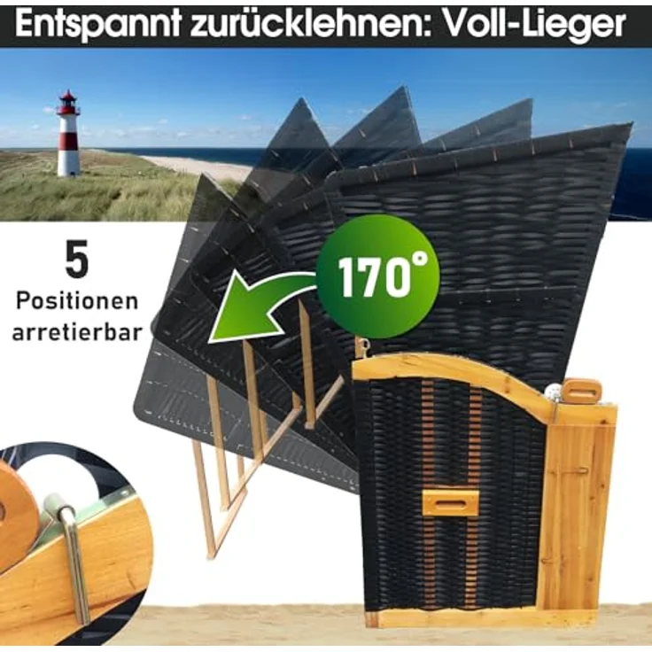 BRAST® Strandkorb Usedom 3-Sitzer XXL für 2-3 Personen | 165cm breit | 5 Designs | inkl. wetterfeste Abdeckhaube | verstellbare Rückenlehne Fußkissen | Braun/Blau - gestreift – Bild 4