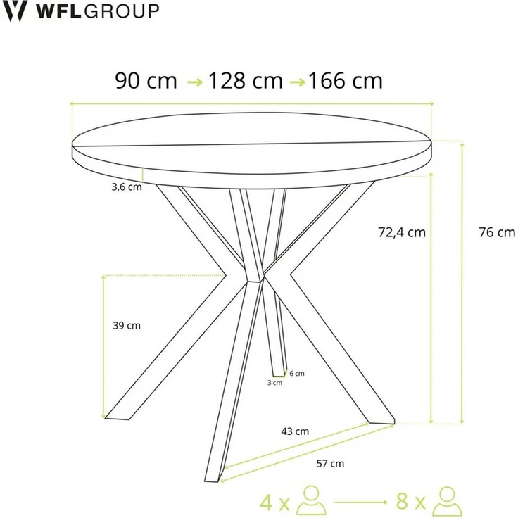 WFL GROUP Esstisch Dina ausziehbar rund industrial mit goldenen Metallbeinen (MADE IN EU, erhältlich in 3 Größen – 90/100/120 cm ausziehbar auf 170/180/200 cm), platzsparender Tisch in Holzoptik für Küche, Esszimmer oder Wohnzimmer – Bild 2