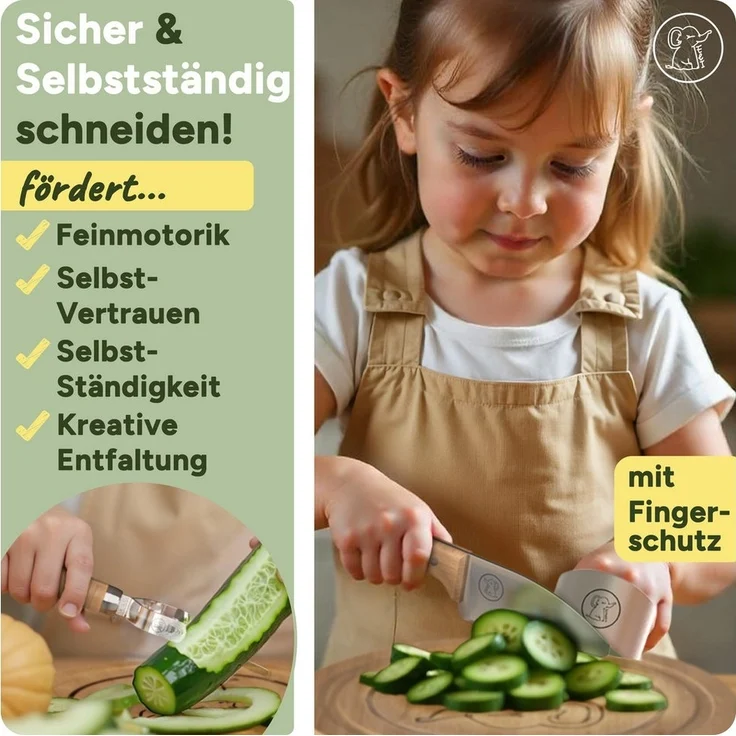 Eli Kinderkochmesser Küchenmesser Kinder Set inkl. Schneidebrett, Schäler und Fingerschutz, 5 teiliges hochwertiges Schneidemesser Set - rostfreier Edelstahl – Bild 3