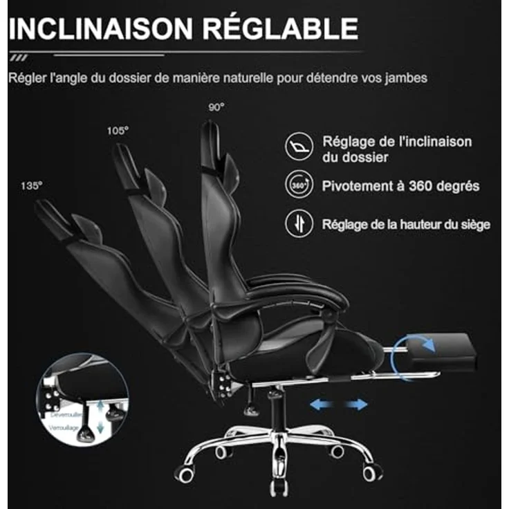GTPLAYER Gaming-Stuhl, Gamer-Sessel mit Lendenmassage, Gamingstuhl, einziehbare Fußstütze, Rückenlehne 135° neigbar, bequemer Sitz aus Leder, Bürostuhl, Belastung 150 kg, Schwarz – Bild 6