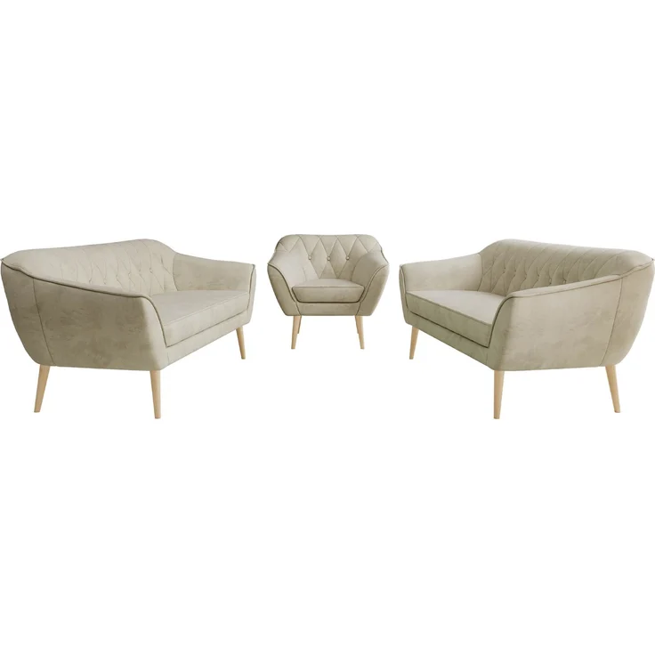 Wohnzimmerset, Möbelset PIRS 3-3-1, Armlehnen, Wellenfederung, Buche Füße, Dreisitzer Sofas mit Sessel, Polstermöbel Set - Beige Velvet – Bild 7