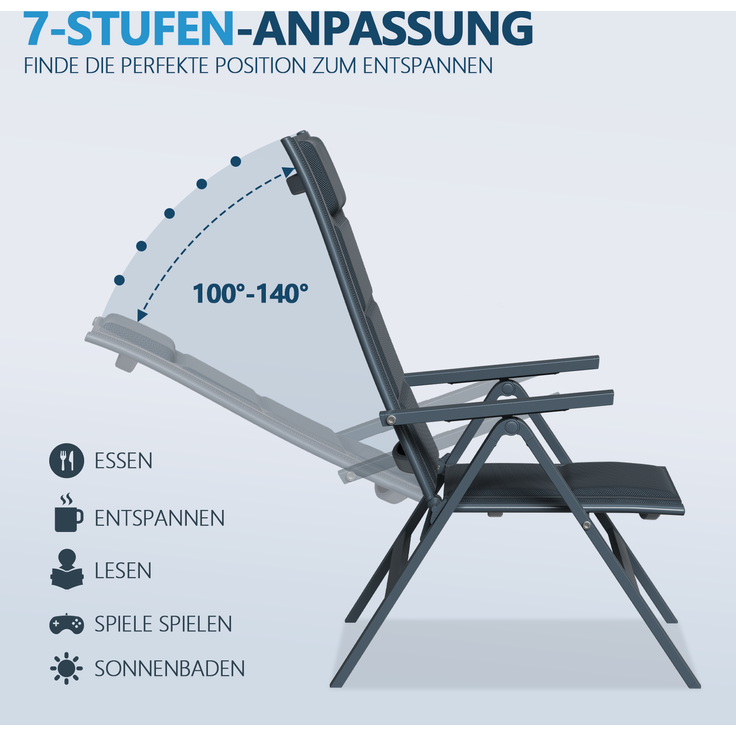 Devoko Klappbarer Gartenstuhl 6er Set, Aluminium, 7-fach verstellbar, max. 160 kg belastbar, wetterfest & ergonomisch, Grau – Bild 2