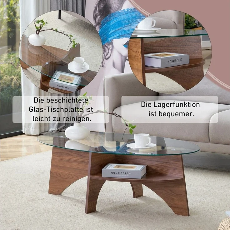 ANYSUN Couchtisch Moderner Couchtisch Glas Oval, Beistelltisch Wohnzimmertisch (Kaffeetisch Sofatisch mit 0,6 cm Glasplatte Glas-Couchtisch), Platzsparendes Design Perfekt für Wohnzimmer, Balkon oder Schlafzimmer – Bild 4