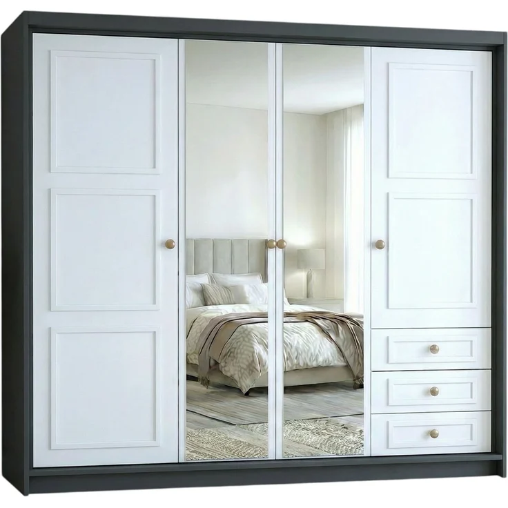 Drehtürenschrank OSLO viertüriger Kleiderschrank mit Schubladen und Metallgriffen – Bild 2