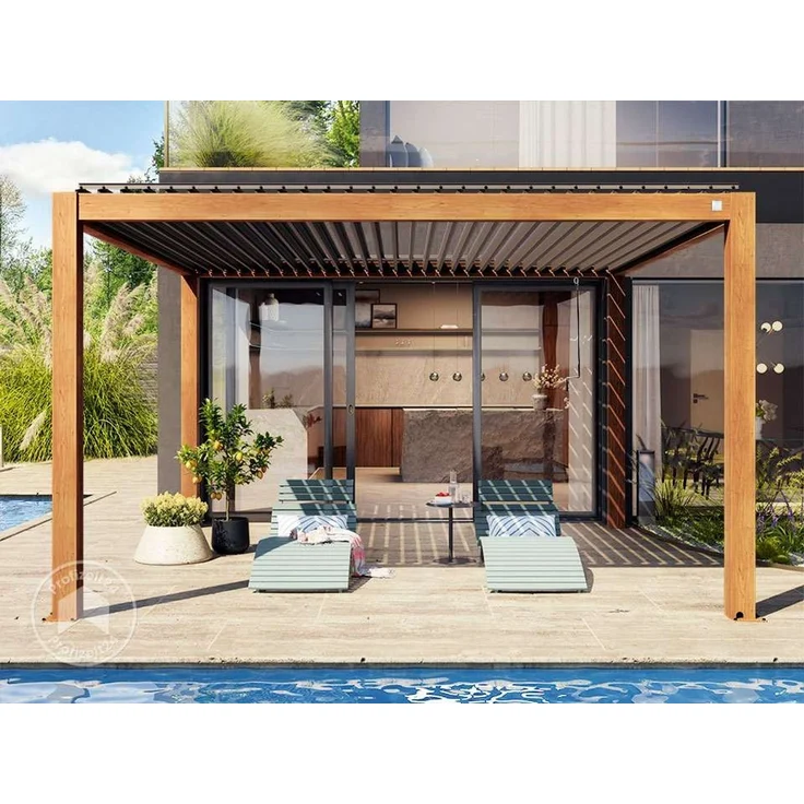 PRIMEYARD Pergola 4x4 m Aluminium Pfosten mit Lamellendach aus Aluminium holzfarbene Terrassenüberdachung – Bild 3