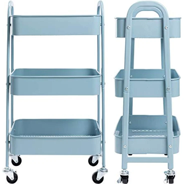 DOEWORKS Rollwagen Küchenwagen Servierwagen Aufbewahrungswagen 3-Etagen Metall Utility Cart mit Rädern für Wohnzimmer Schlafzimmer Make-up Badezimmer Büro, Grau Blau – Bild 9