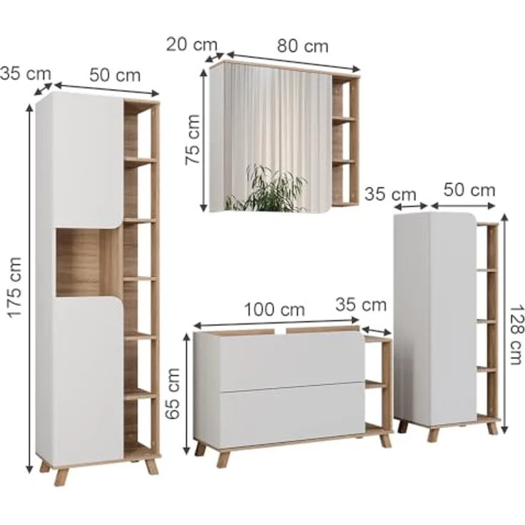 Vichy Badmöbel-Set Karen, moderne Badezimmermöbel in Sonoma/Weiß, 4 Teile mit Waschbeckenunterschrank und Spiegelschrank, hochwertige Spanplatte  – Bild 2