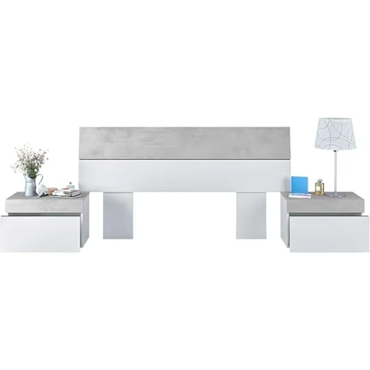 Habitdesign, modernes Kopfteil mit 2 Beistelltischen – Schlafzimmer-Set für Doppelbett in Artik weiß & Zementgrau, viel Stauraum, Maße: 298 x 96,5 x 40 cm (B x H x T), Modell Tekkan – Bild 2