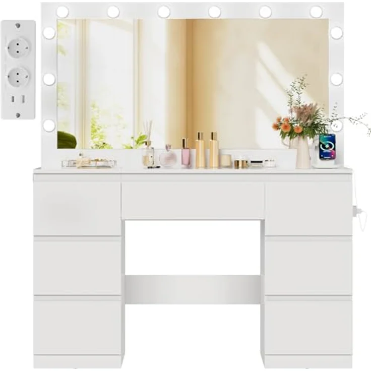 TRIUMPHKEY Schminktisch mit Große Spiege und LED-Beleuchtung, Einstellbarer Helligkeit, 120x40x140cm, Frisiertisch mit 7 Schubladen, Steckdose,Schmuckschrank, Kosmetiktisch für das Schlafzimmer, Weiß – Bild 9