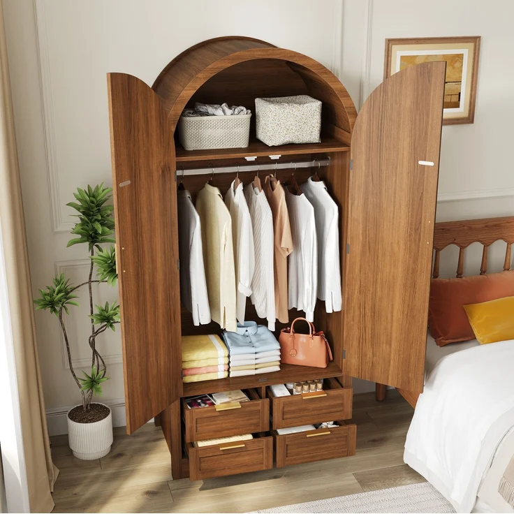 Kleiderschrank aus MDF mit geschwungenen Türen, Rattan-Optik, Schubladen, 80x50x179 cm, Walnut – Bild 4