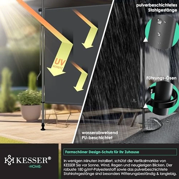 KESSER® Klemmmarkise Senkrechtmarkise außen Ausziehbar & Blickdicht | Vertikalmarkise mit Handkurbel ohne Bohren | Balkon-Sichtschutz & Windschutz für Garten & Terrasse Wasserfest Anthrazit, 200 x 310 cm – Bild 3