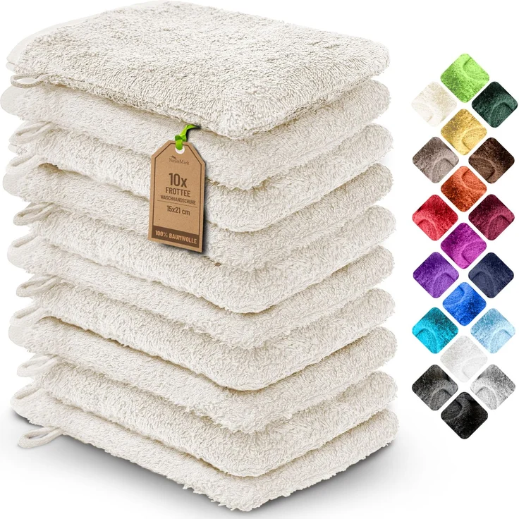 NatureMark 10x Waschhandschuhe aus Frottee 100% Baumwolle – Weich und Robust, Ideal für die tägliche Pflege und Gäste – Natur/Creme, 15x21 cm
