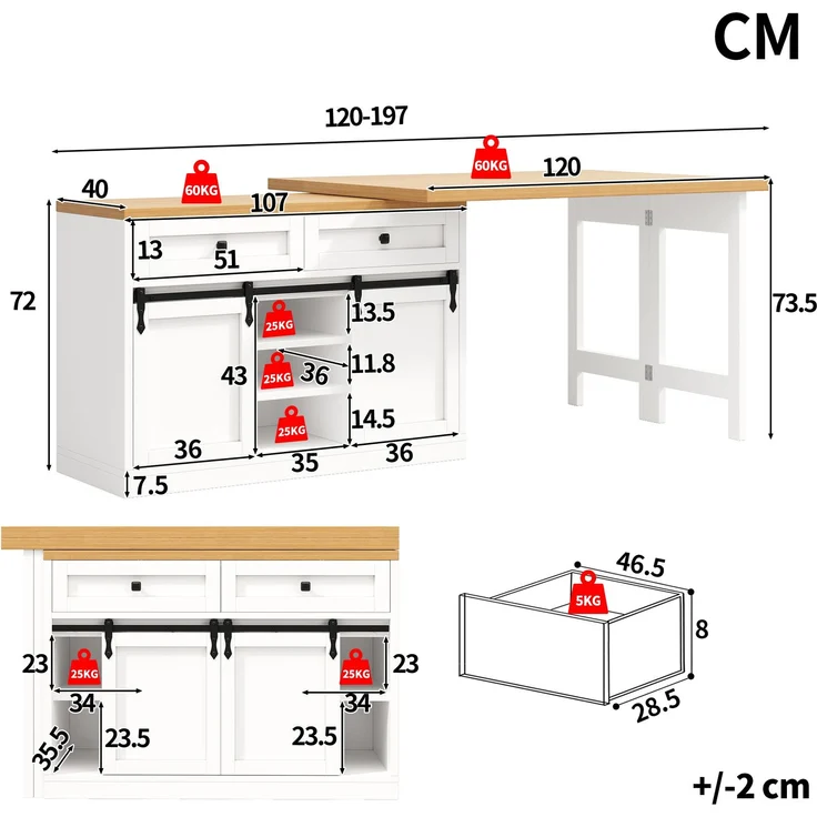 Esstisch, erweiterbar, B 120–197 x T 40 x H 72 cm, 360° drehbare Tischplatten, Weiß und Holzoptik – Bild 5