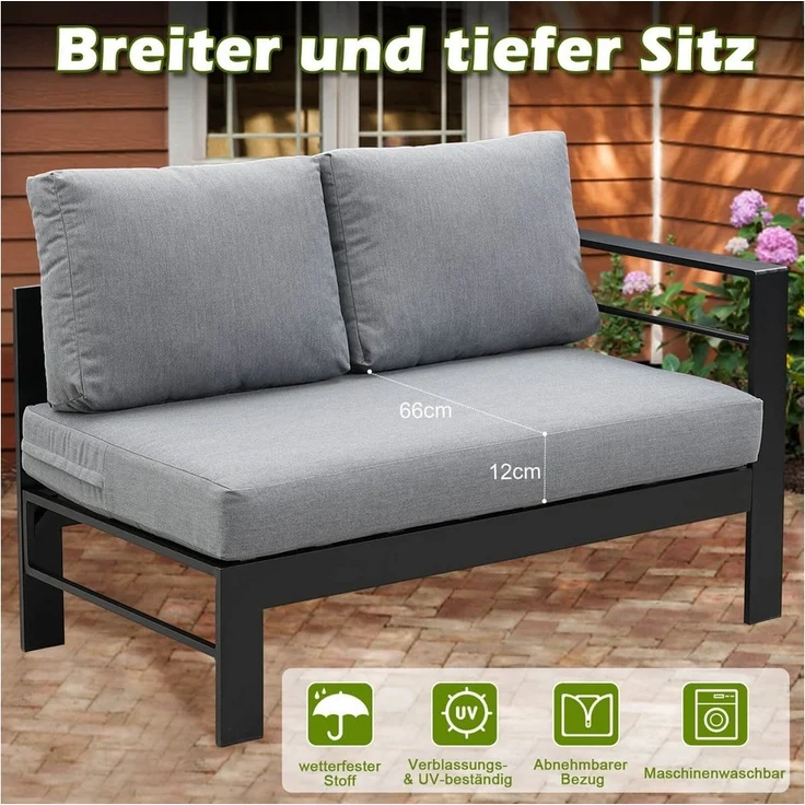 MeXo Gartenlounge-Set Aluminium Gartenmöbel Set, (Garten-Essgruppe, 5-tlg, 3 x Ecksofas, 1 x Gartenbank, 1 x Esstisch 130 x 80 x 67,5 cm), wetterfeste Ecklounge, Terrassenmöbel Set für 8 Personen – Bild 3