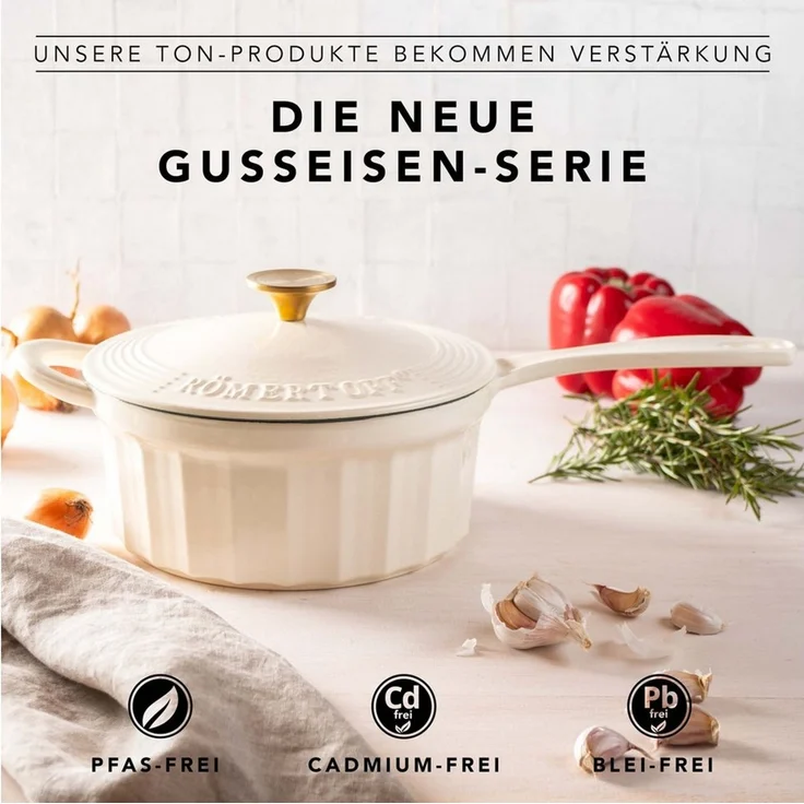 RÖMERTOPF Bratentopf Gusseisen Stielkasserolle 22cm Creme, Gusseisen (Set, 2-tlg, Set mit Deckel), Gleichmäßige Hitze, alle Herdarten, Backofenfest bis 250 °C – Bild 3