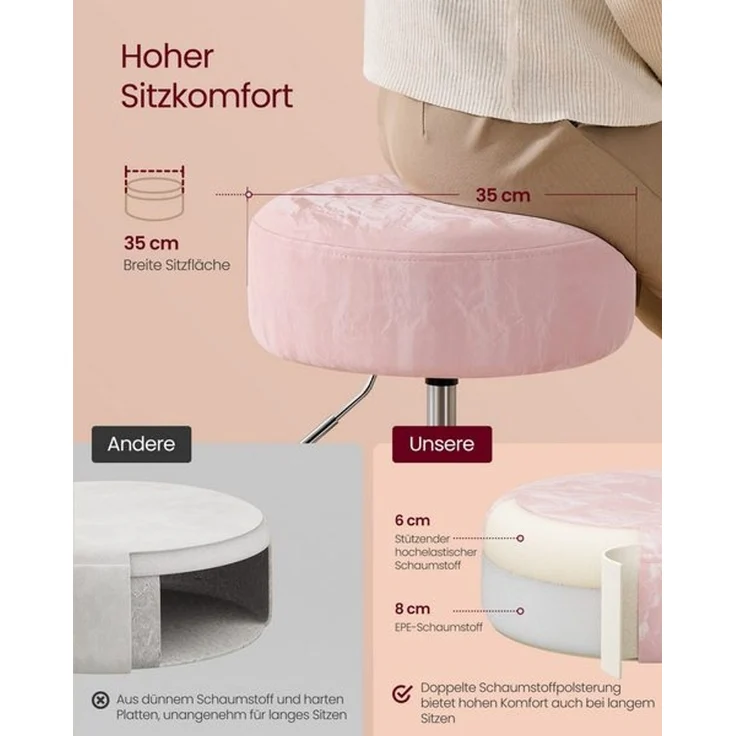 Schminkhocker, Schminkstuhl, Sitzhocker, höhenverstellbar, 360° drehbar, PU, dicke Polsterung, für Schlafzimmer, Küche, Esszimmer, pastellrosa – Bild 2