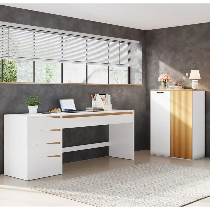 Schreibtisch-Set 140x50x78/92 cm mit Aktenschrank 80x40x110 cm, MDF in Weiß/Eiche