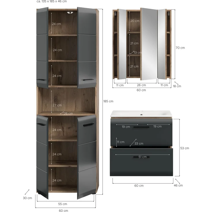Badkombination (B/H/T: 135x185x46 cm) in schwarz matt und Nox Oak Nachbildung – Bild 4