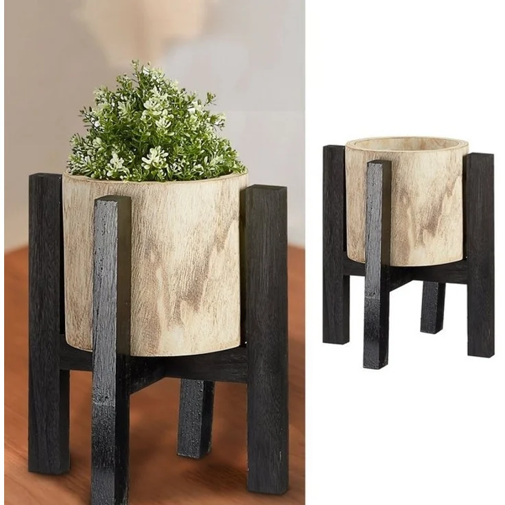CEPEWA Blumentopf Blumentopf mit Ständer Holz natur schwarz 37x39cm Topf auf Füßen – Bild 4