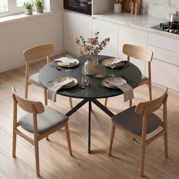 Runder Esstisch für 4 Personen, Küchentisch im Industriestil mit Stahlbeinen, für Esszimmer, Küche, Schwarz--Schwarz--75x100x100cm--CHENHAONING – Bild 4