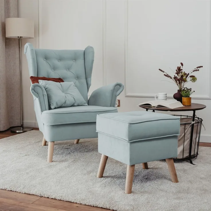 Sessel Ohrensessel ALISON inkl. Hocker in Stoff Trinity Hellblau