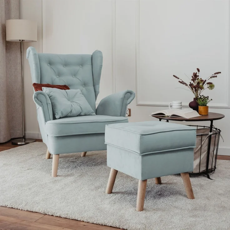 Sessel Ohrensessel ALISON inkl. Hocker in Stoff Trinity Hellblau – Bild 1